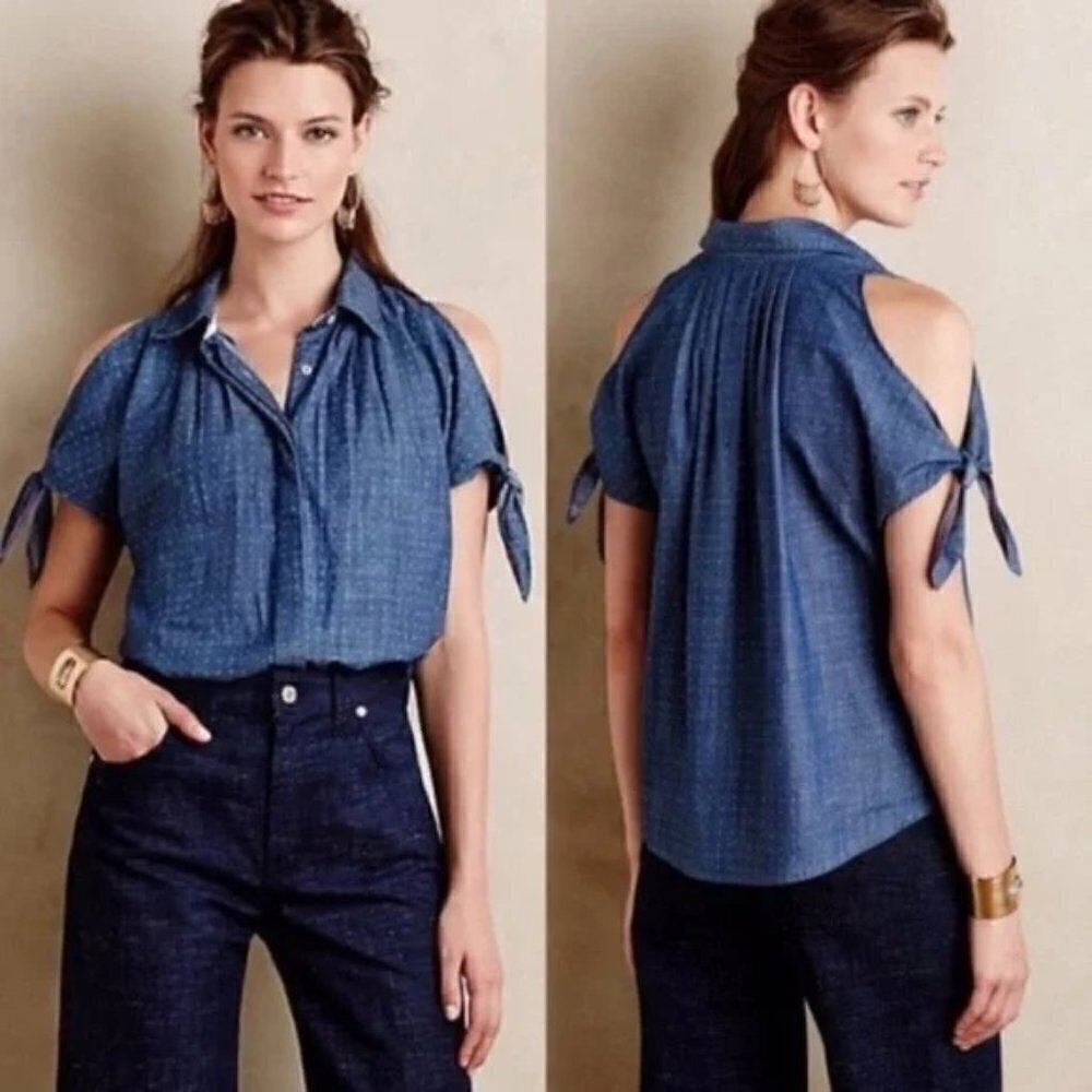 ANTHROPOLOGIE Holding Horses Cold Shoulder Tie Sleeves Blue & White Dots